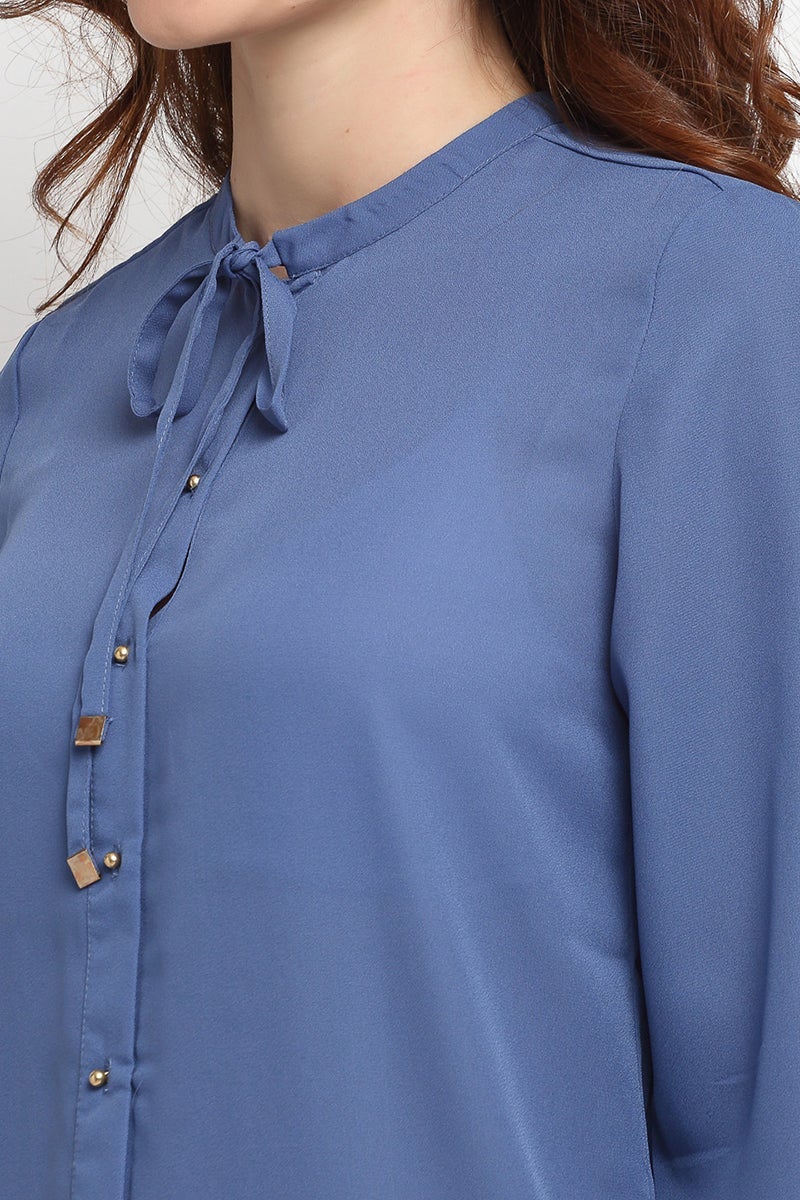 Grey Blue Medium Length Tie-Up Neck Georgette Shirt