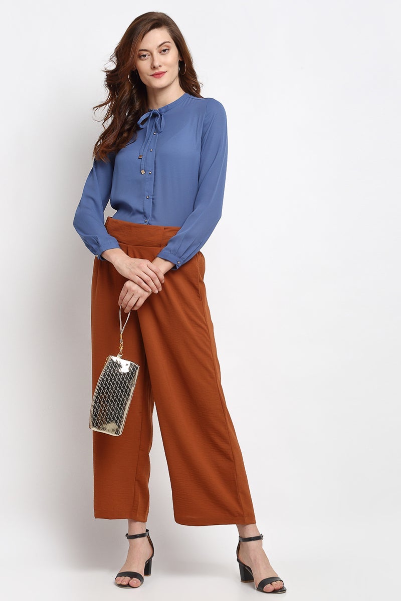 Grey Blue Medium Length Tie-Up Neck Georgette Shirt
