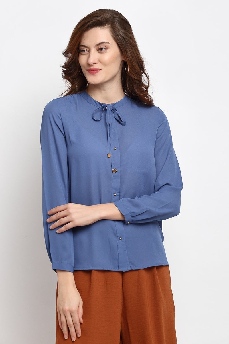 Grey Blue Medium Length Tie-Up Neck Georgette Shirt
