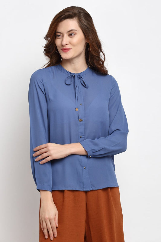 Grey Blue Medium Length Tie-Up Neck Georgette Shirt