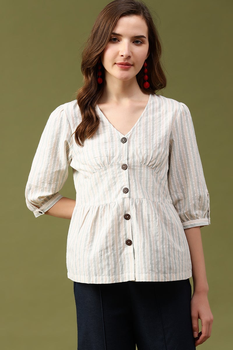 Gipsy Beige Vertical Stripes Cotton Top