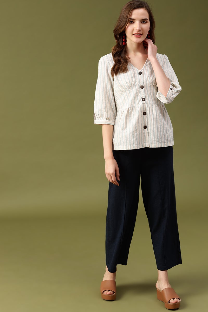 Gipsy Beige Vertical Stripes Cotton Top