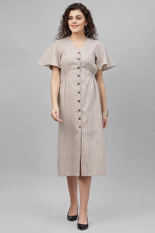 Gipsy Beige Vertical Striped Polyester Dress