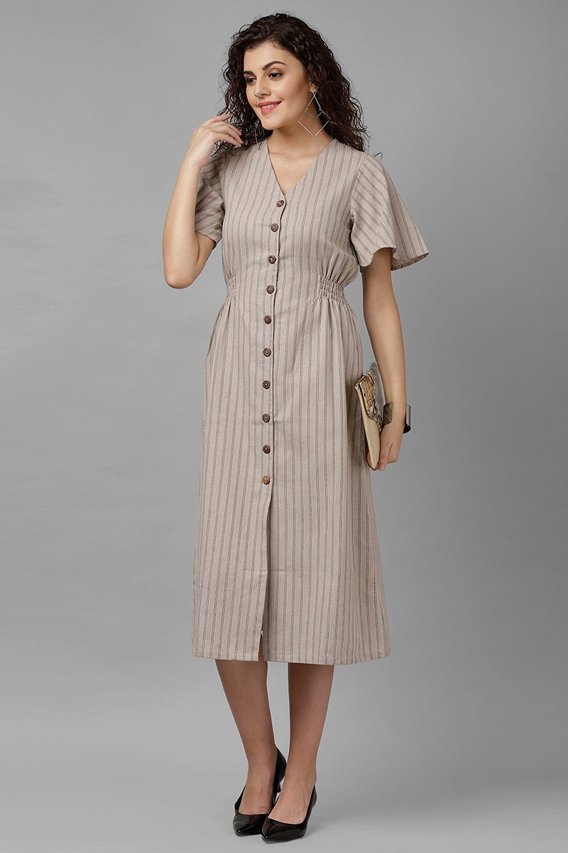 Gipsy Beige Vertical Striped Polyester Dress