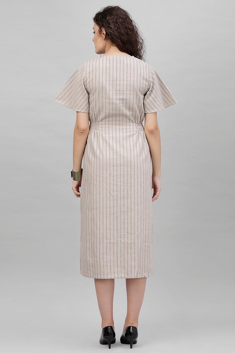 Gipsy Beige Vertical Striped Polyester Dress