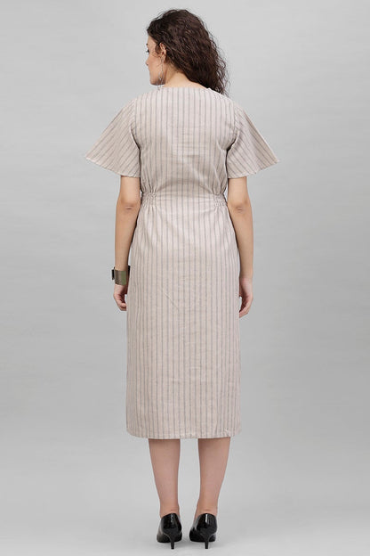 Gipsy Beige Vertical Striped Polyester Dress