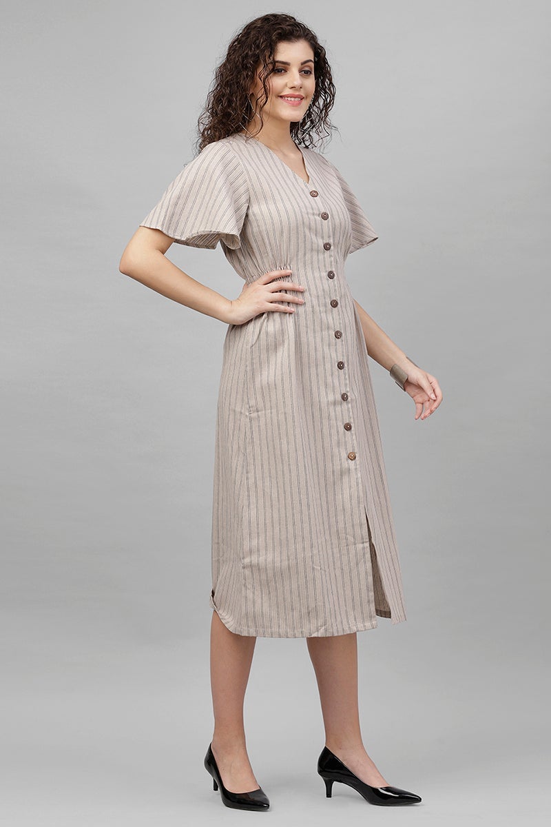 Gipsy Beige Vertical Striped Polyester Dress