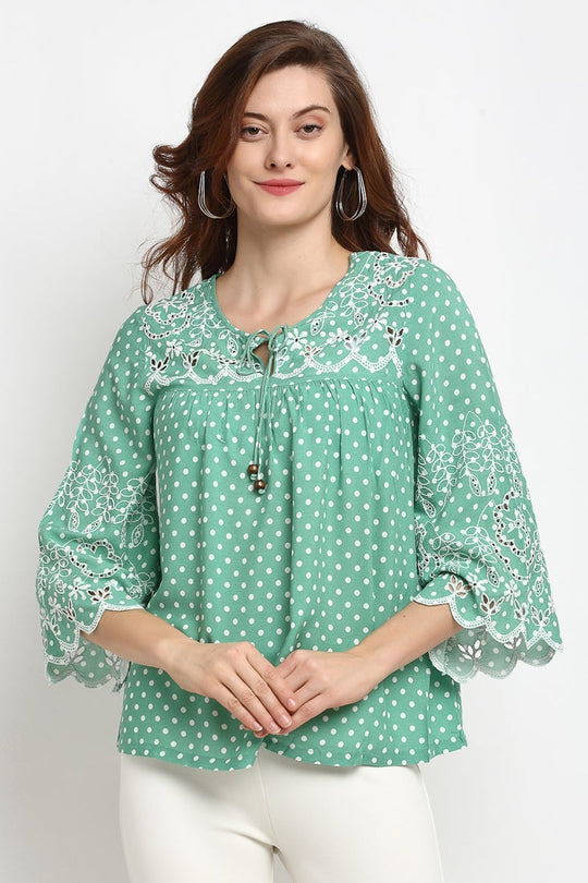 Sage Green Medium Length Tie-Up Neck Rayon Tunic