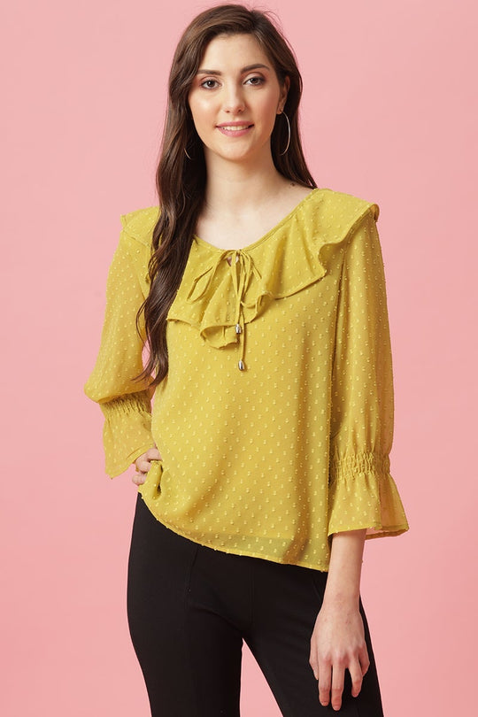 Gipsy Lime Green Medium Length V-Neck Polyester Blouse