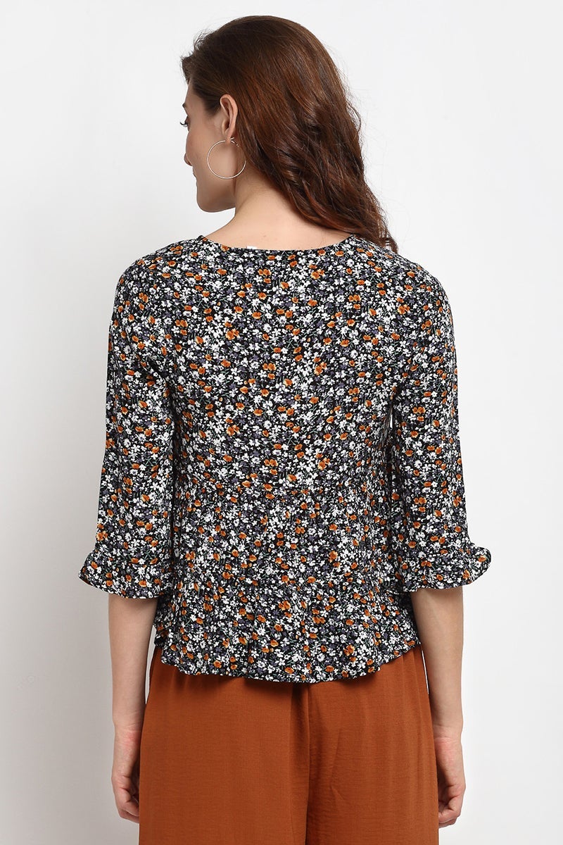 Black Medium Length Tie - Up Rayon Crepe Blouse