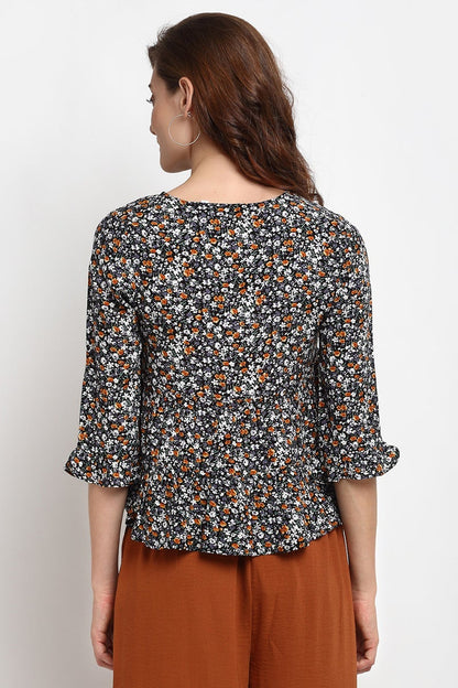 Black Medium Length Tie - Up Rayon Crepe Blouse