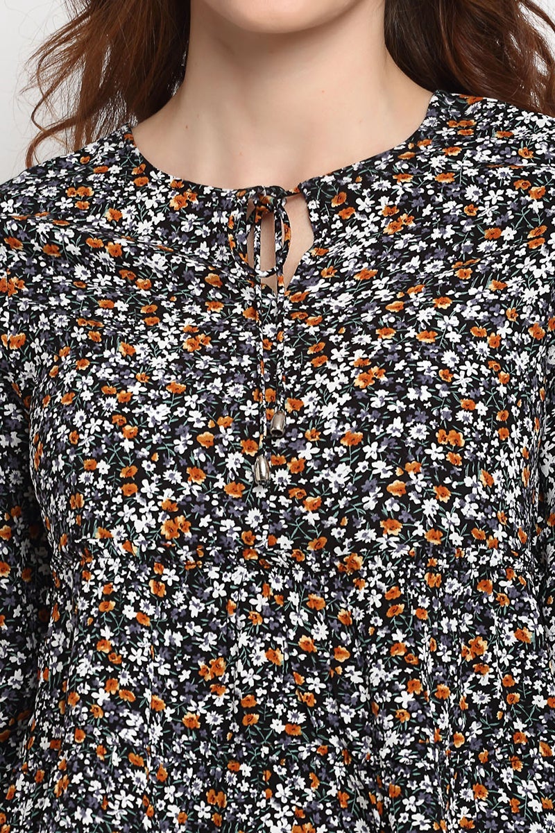 Black Medium Length Tie - Up Rayon Crepe Blouse