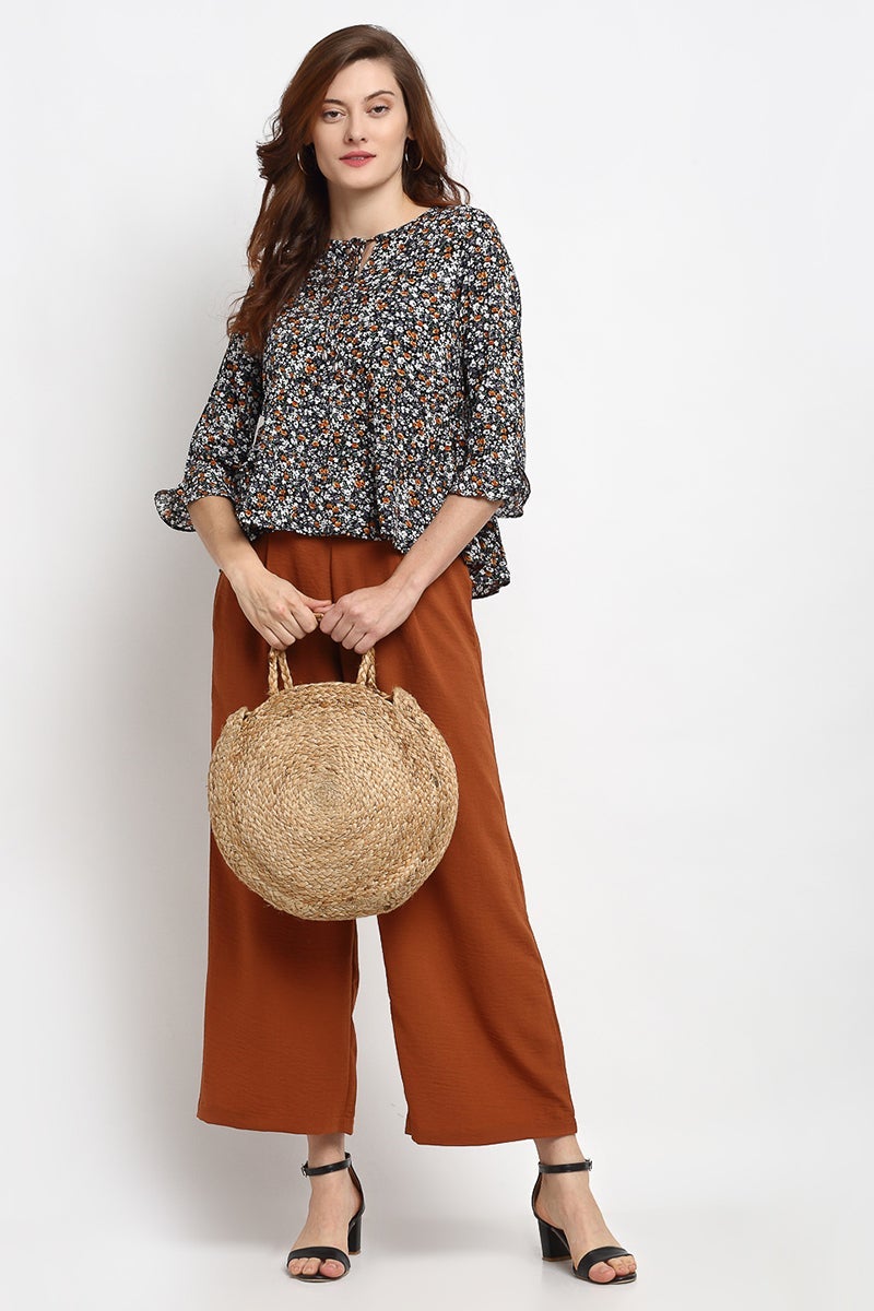 Black Medium Length Tie - Up Rayon Crepe Blouse