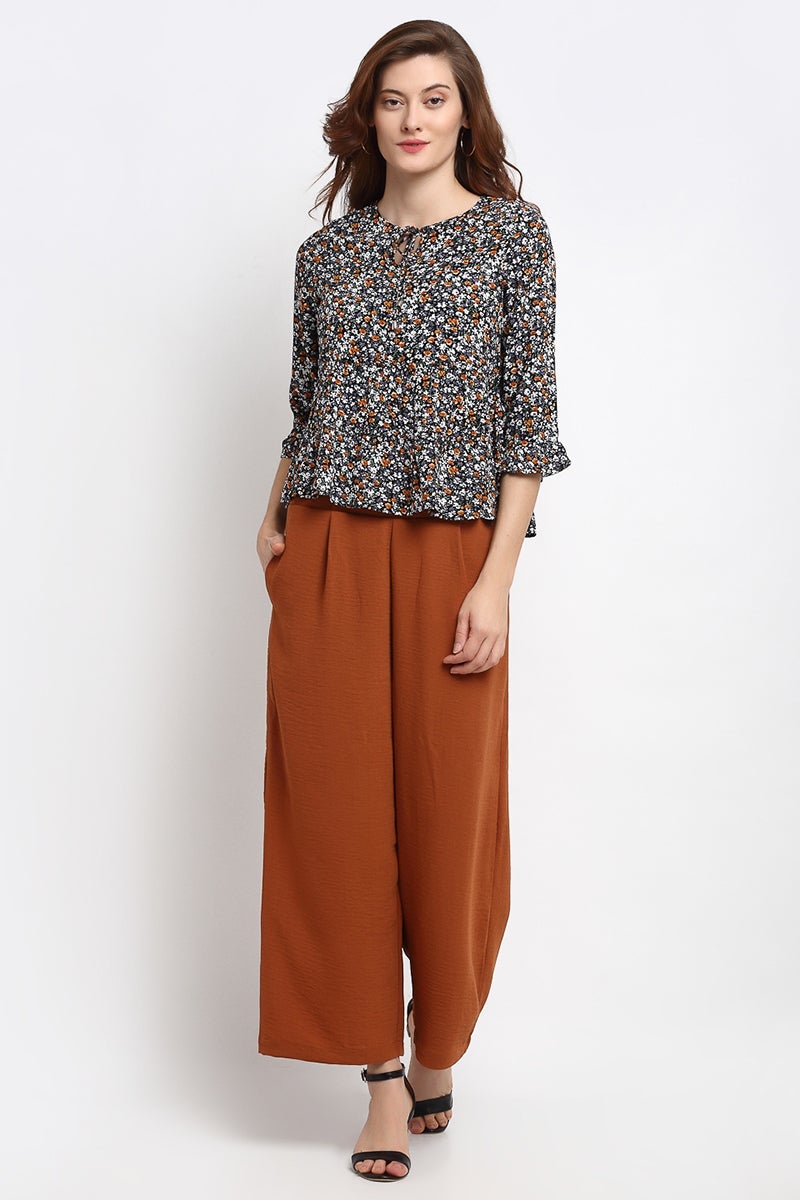 Black Medium Length Tie - Up Rayon Crepe Blouse