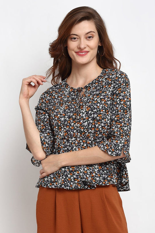 Black Medium Length Tie - Up Rayon Crepe Blouse