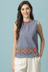 Gipsy Steel Blue Medium Length Choker Neck Cotton Blouse