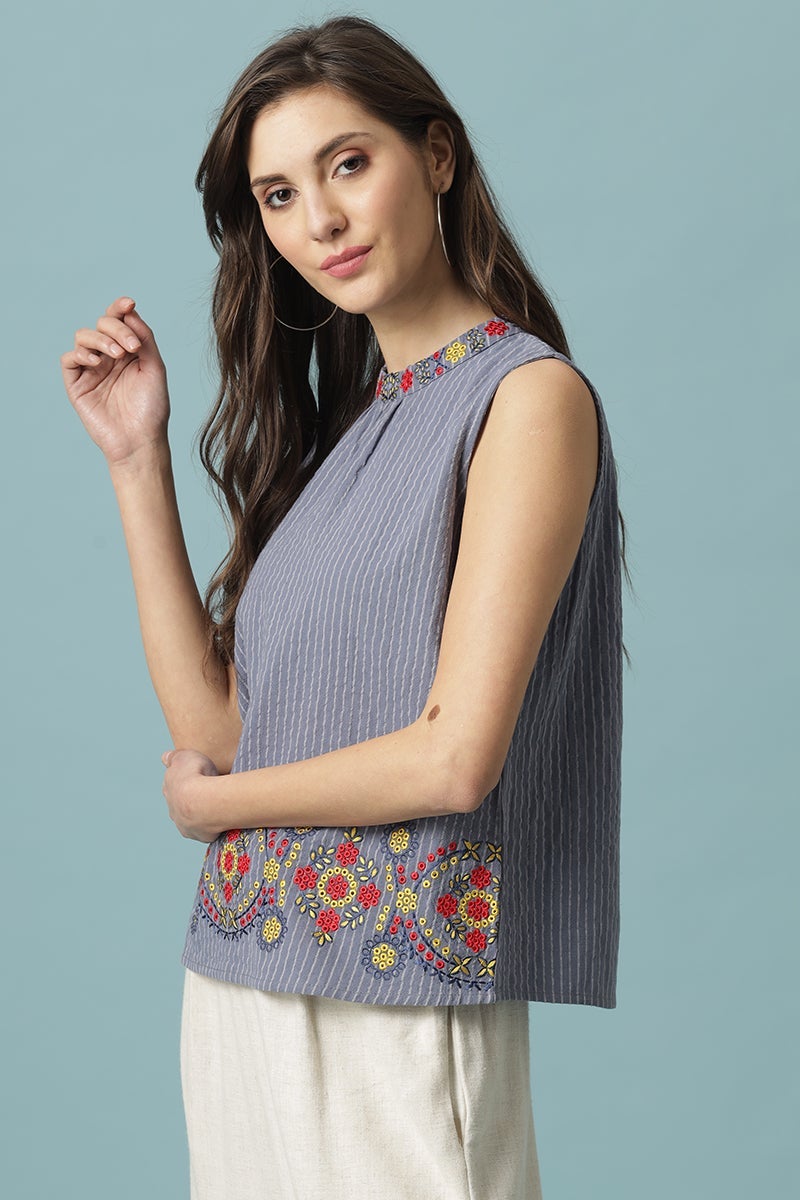 Gipsy Steel Blue Medium Length Choker Neck Cotton Blouse