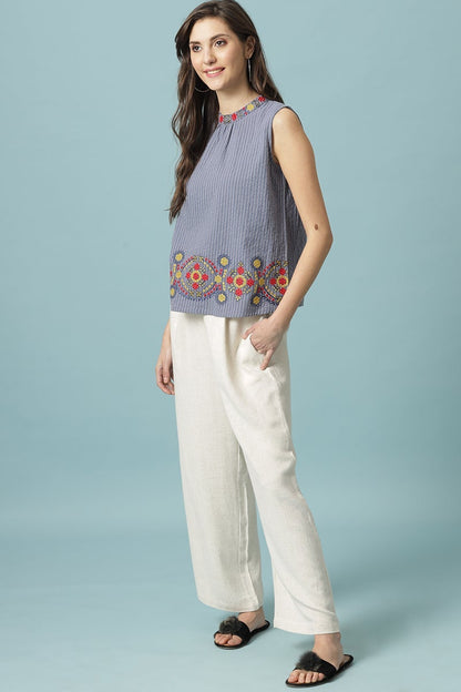 Gipsy Steel Blue Medium Length Choker Neck Cotton Blouse