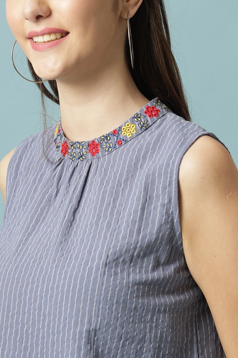 Gipsy Steel Blue Medium Length Choker Neck Cotton Blouse