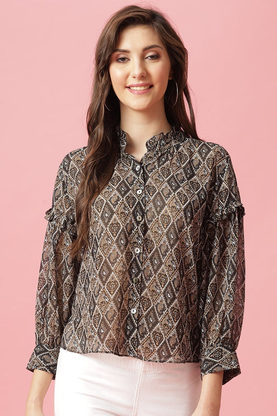 Gipsy Black Medium Length Round Neck Polyester Blouse