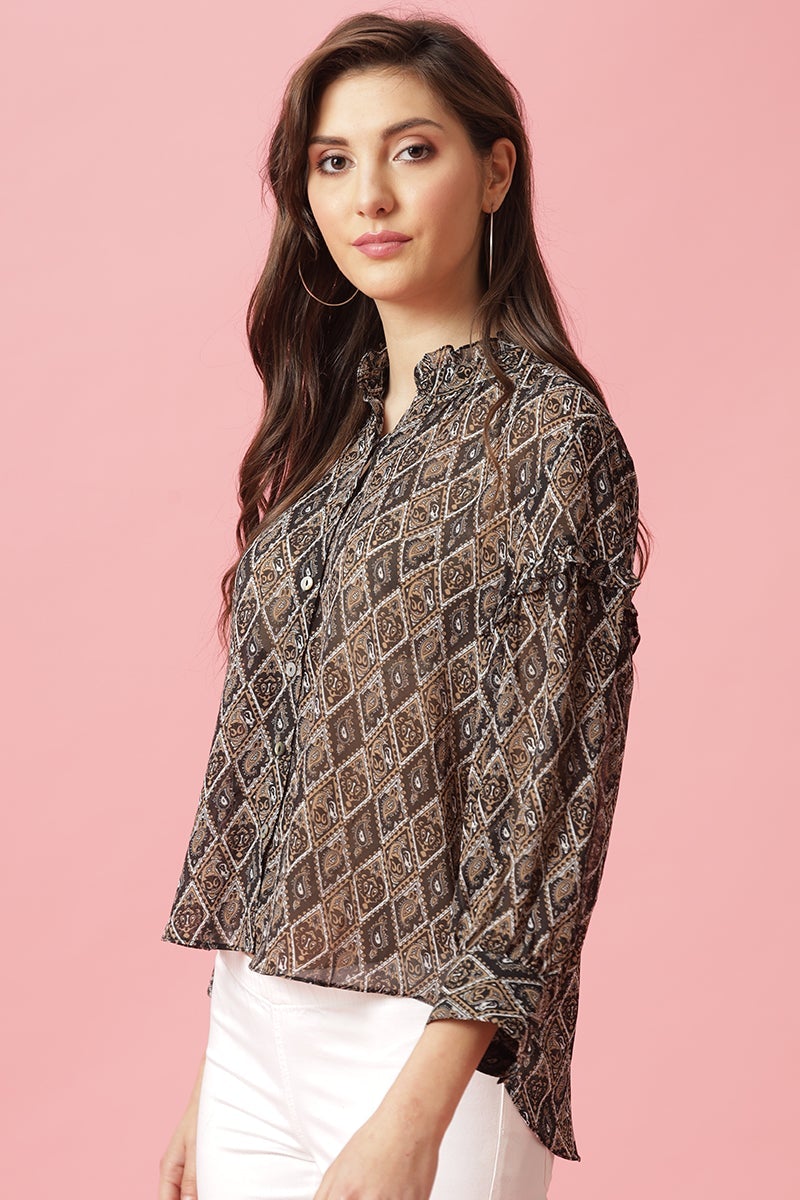 Gipsy Black Medium Length Round Neck Polyester Blouse