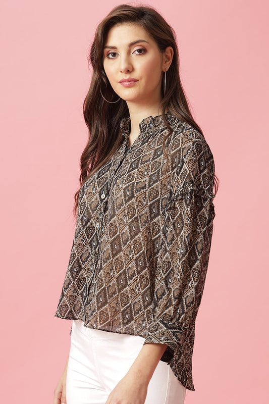 Gipsy Black Medium Length Round Neck Polyester Blouse