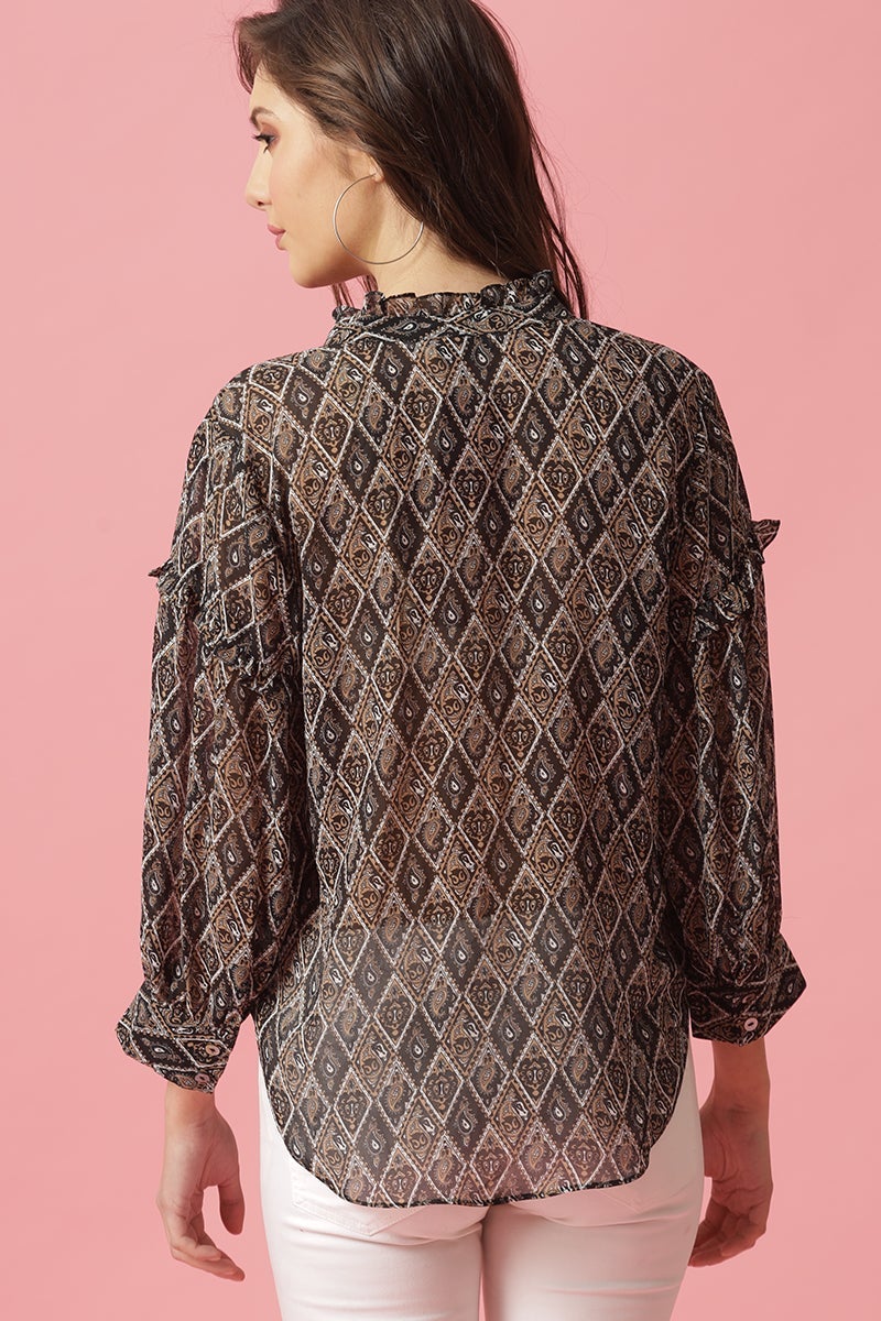 Gipsy Black Medium Length Round Neck Polyester Blouse
