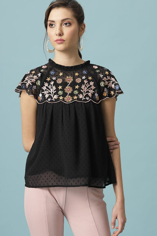 Gipsy Black Medium Length Choker Neck Polyester Blouse