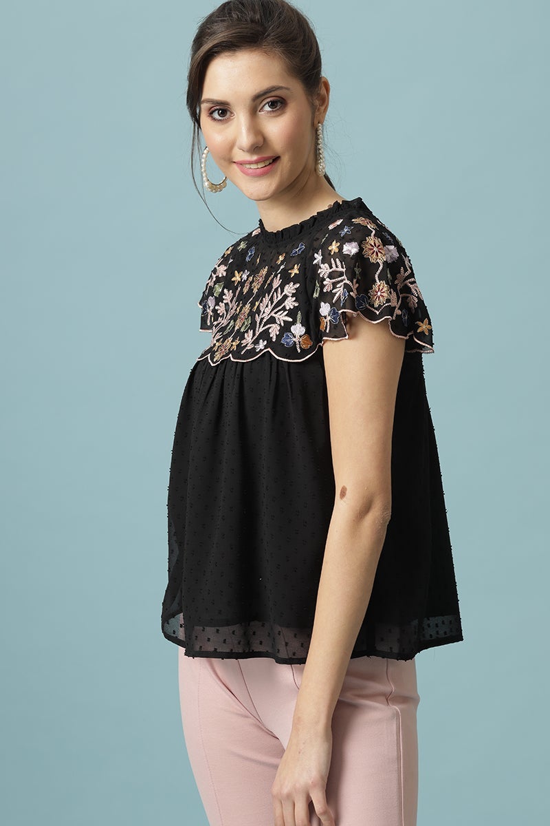 Gipsy Black Medium Length Choker Neck Polyester Blouse