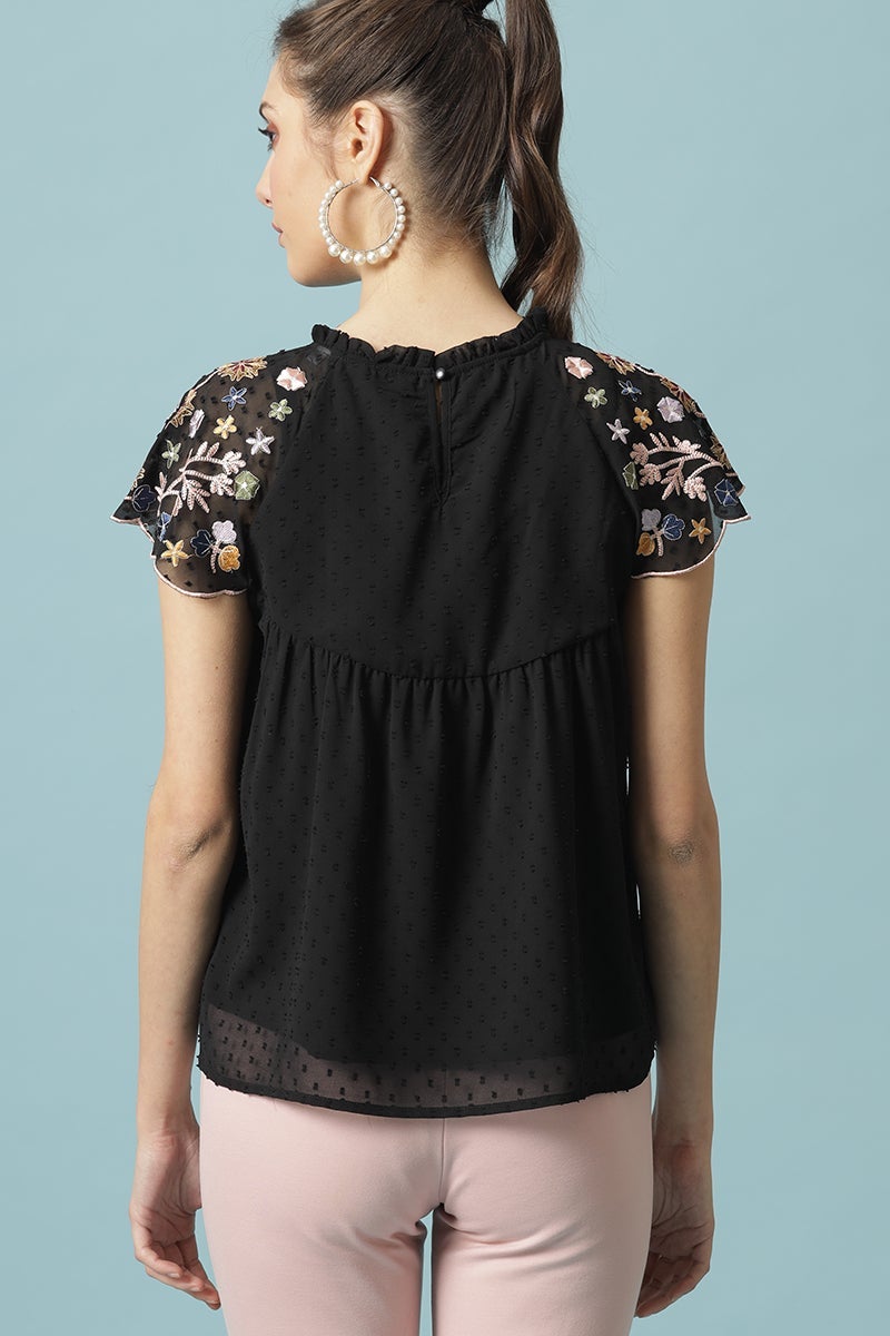 Gipsy Black Medium Length Choker Neck Polyester Blouse