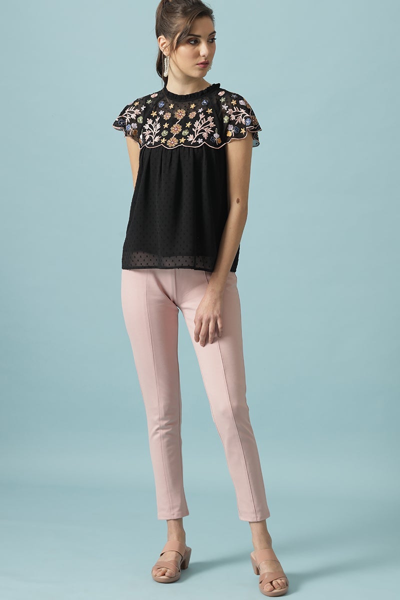 Gipsy Black Medium Length Choker Neck Polyester Blouse