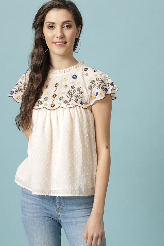 Gipsy Cream Medium Length Round Neck Polyester Blouse