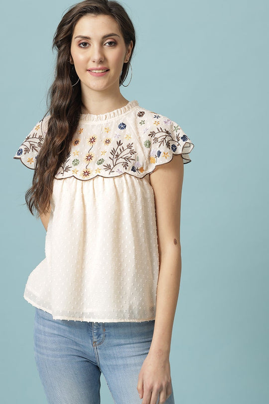 Gipsy Cream Medium Length Round Neck Polyester Blouse