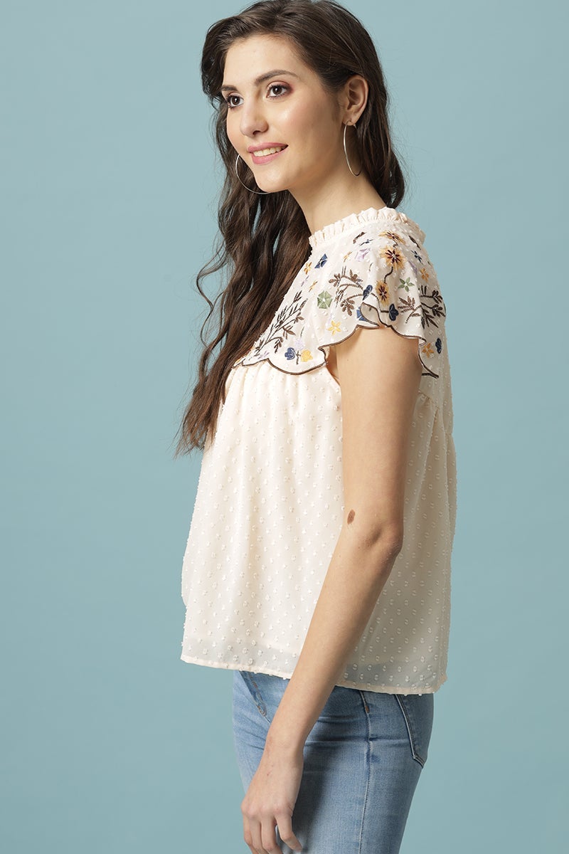 Gipsy Cream Medium Length Round Neck Polyester Blouse
