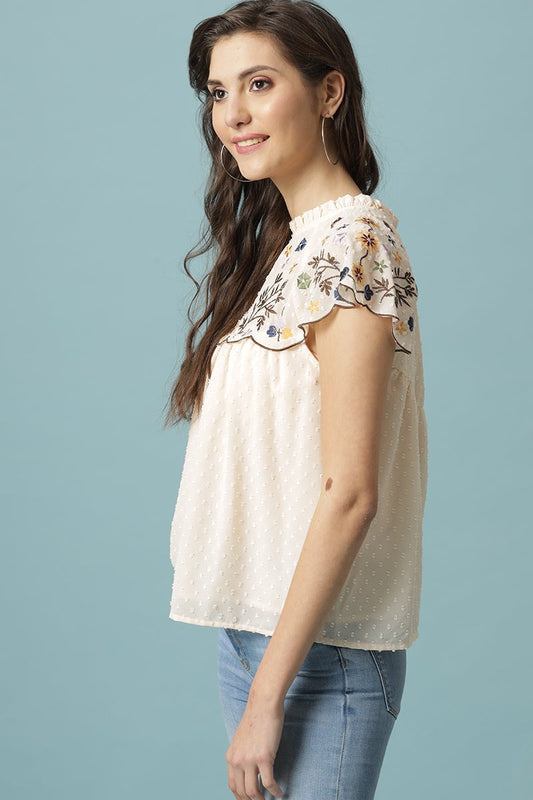 Gipsy Cream Medium Length Round Neck Polyester Blouse