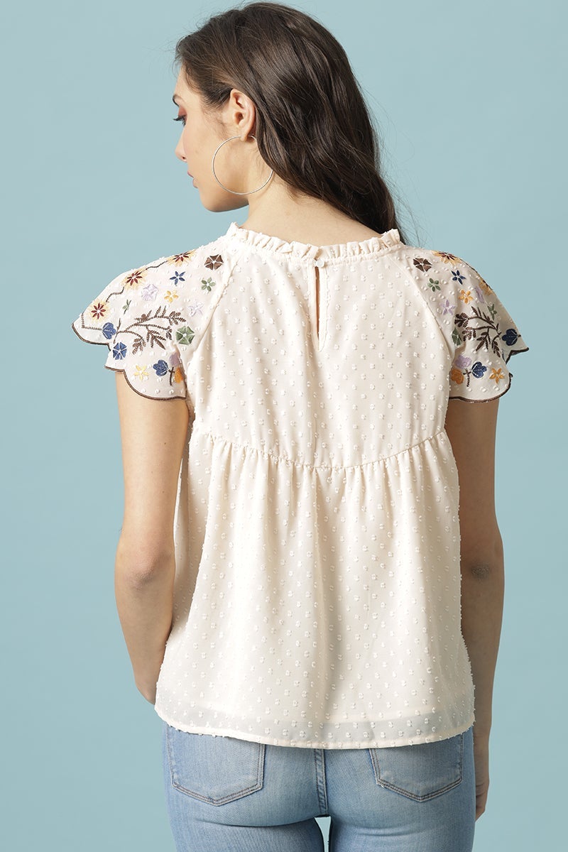 Gipsy Cream Medium Length Round Neck Polyester Blouse
