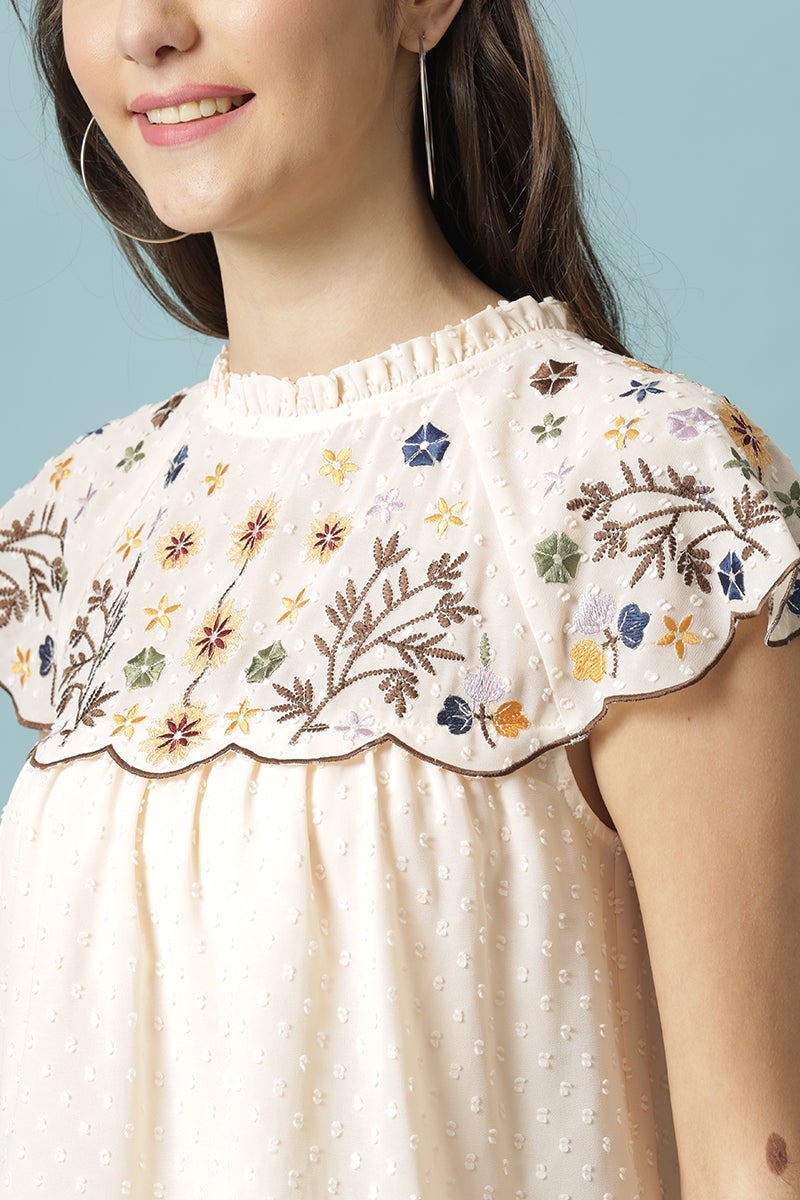 Gipsy Cream Medium Length Round Neck Polyester Blouse