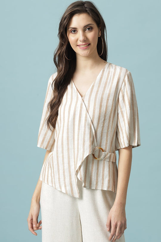 Gipsy Beige Medium Length V-Neck Cotton Blouse