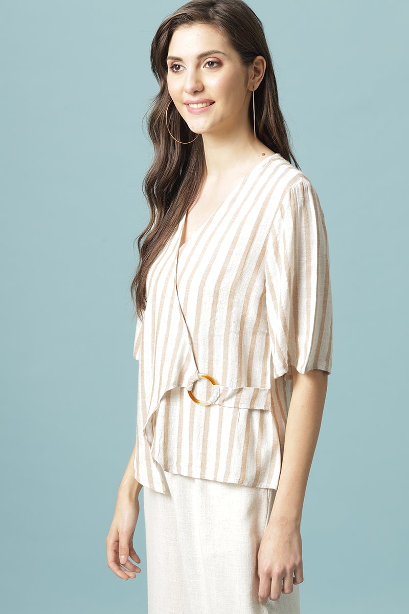 Gipsy Beige Medium Length V-Neck Cotton Blouse