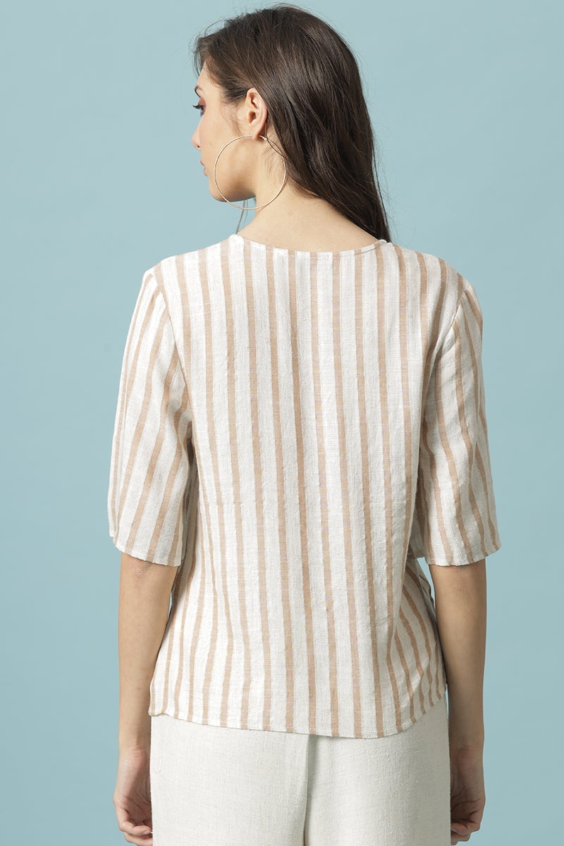 Gipsy Beige Medium Length V-Neck Cotton Blouse