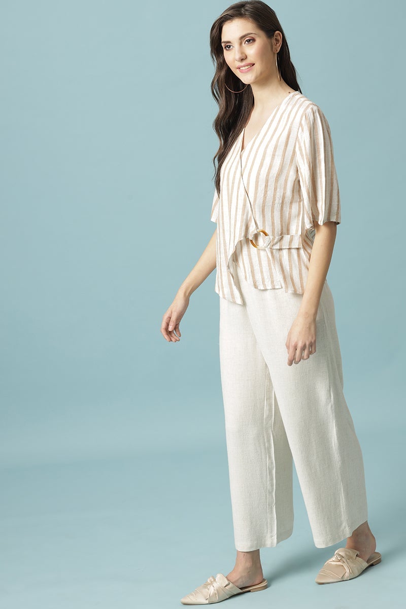 Gipsy Beige Medium Length V-Neck Cotton Blouse
