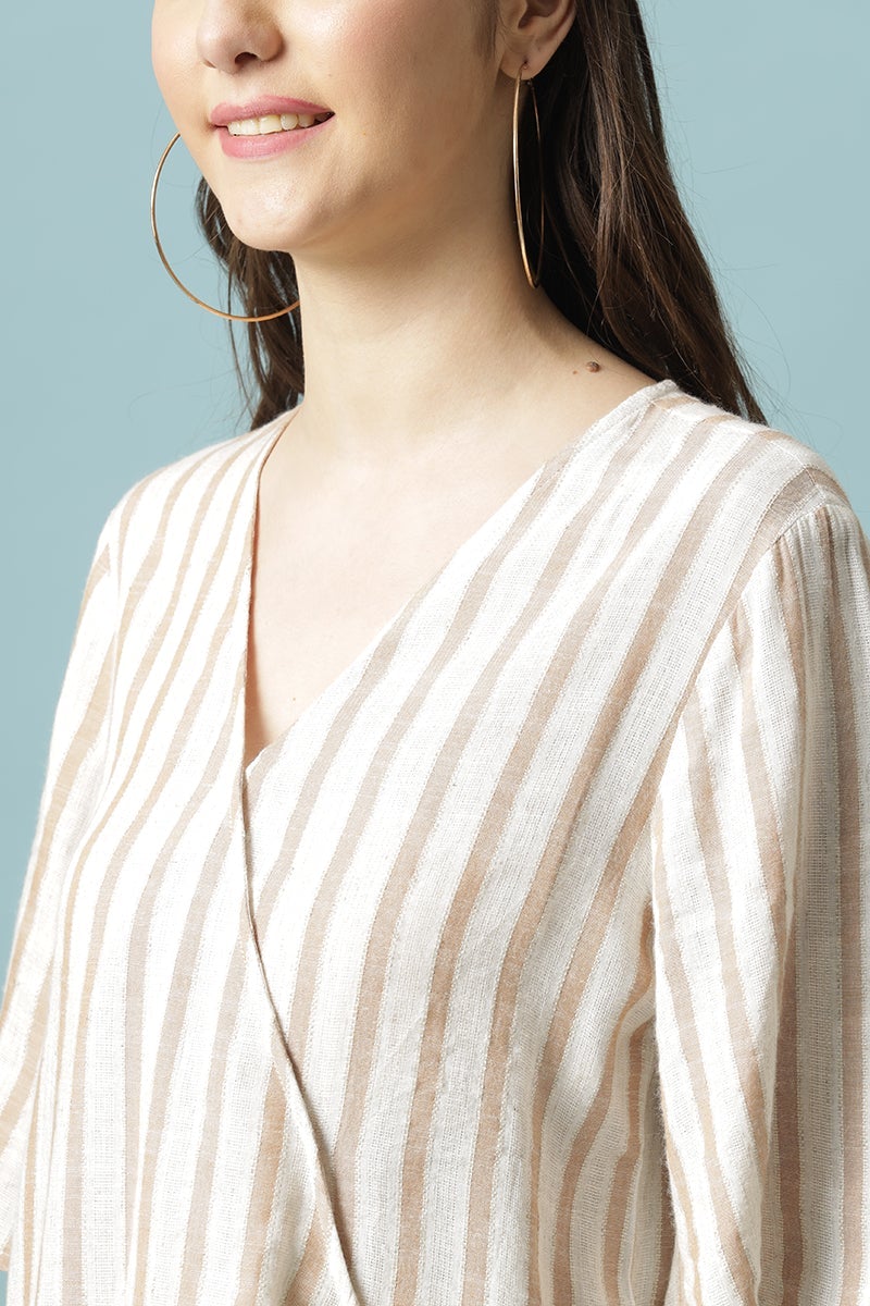 Gipsy Beige Medium Length V-Neck Cotton Blouse