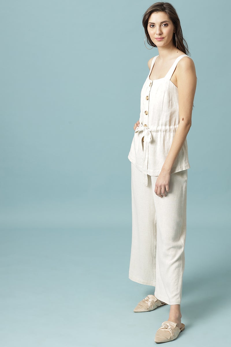 Gipsy Cream Medium Length Square Neck Linen Blouse