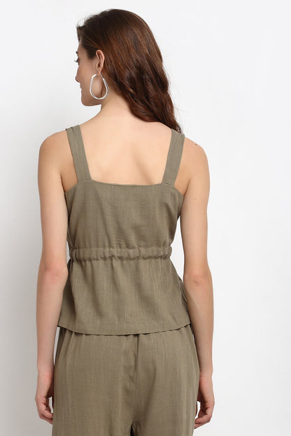 Olive Medium Length Square Neck Linen Blouse