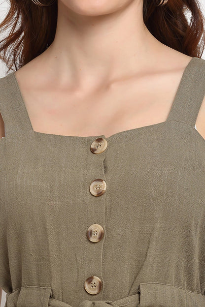 Olive Medium Length Square Neck Linen Blouse