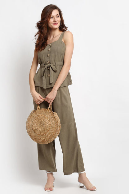 Olive Medium Length Square Neck Linen Blouse