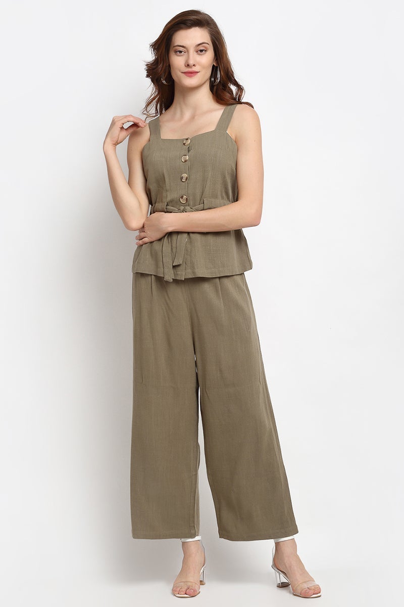 Olive Medium Length Square Neck Linen Blouse