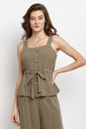 Olive Medium Length Square Neck Linen Blouse