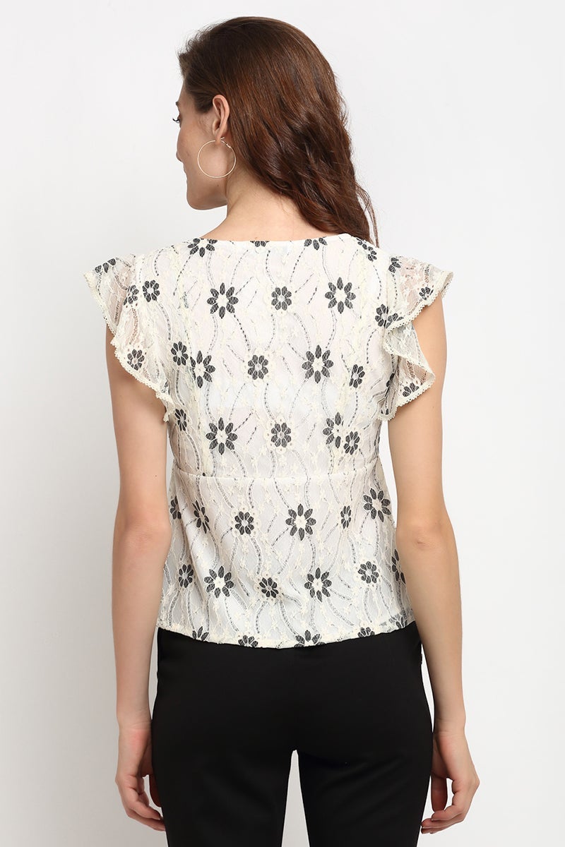 Cream Medium Length V-Neck Polyester Blouse