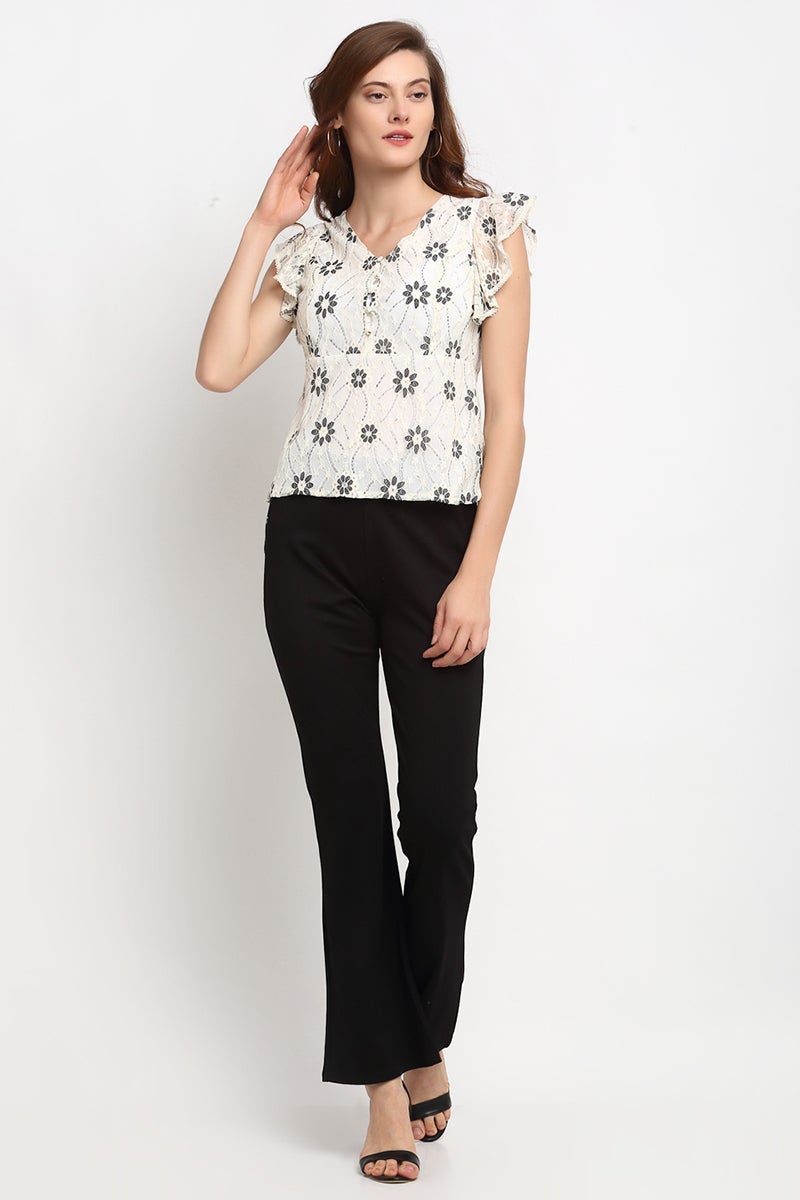 Cream Medium Length V-Neck Polyester Blouse